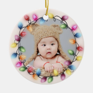 Watercolor Christmas Lights Newborn Baby's Photo Ceramic Ornament