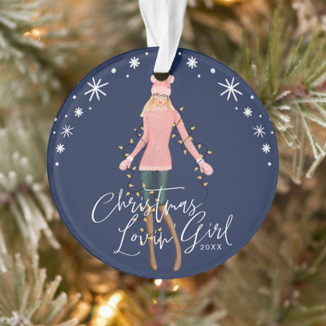 Watercolor Christmas Lovin' Girl Wrapped In Lights Ornament (Tree)