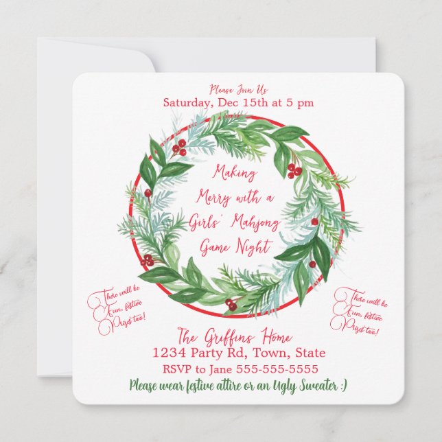 Watercolor Christmas MAHJONG Holiday Party Invitation