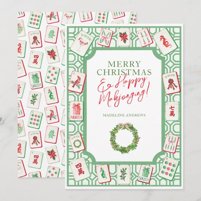 Watercolor Christmas Mahjong Tiles Party Holiday Card (Front/Back)