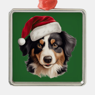Watercolor Christmas Miniature American Shepherd Metal Ornament