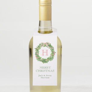Watercolor Christmas Monogram Striped Bow Wreath Bottle Tag