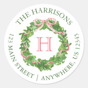 Watercolor Christmas Monogram Striped Bow Wreath Classic Round Sticker