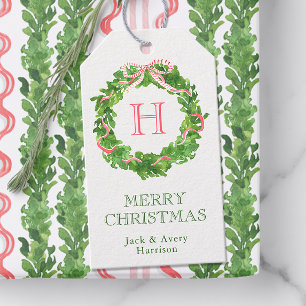 Watercolor Christmas Monogram Striped Bow Wreath Gift Tags
