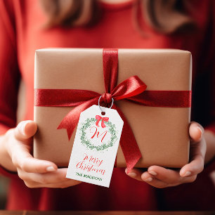 Watercolor Christmas Monogram Wreath Gift Tags