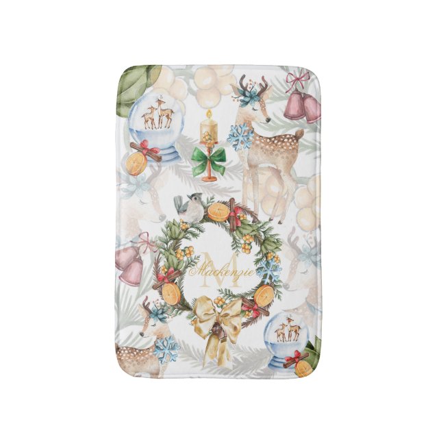 Watercolor Christmas Monogrammed Bath Mat (Front Vertical)