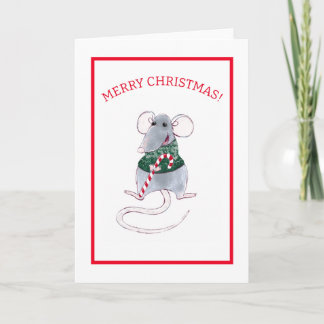 WATERCOLOR CHRISTMAS MOUSE WITH CANDY CANE NOTE CARD