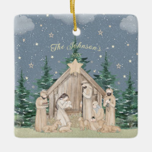 Watercolor Christmas Nativity Ceramic Ornament