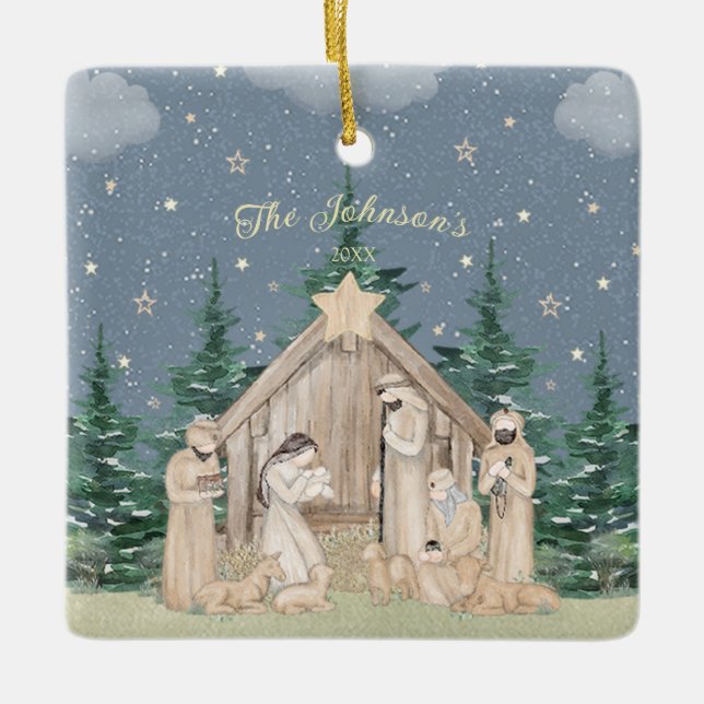 Watercolor Christmas Nativity Ceramic Ornament (Front)