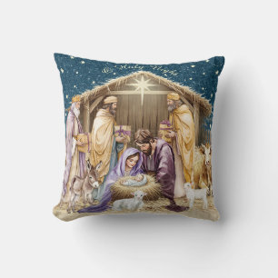 Watercolor Christmas Nativity Throw Pillow