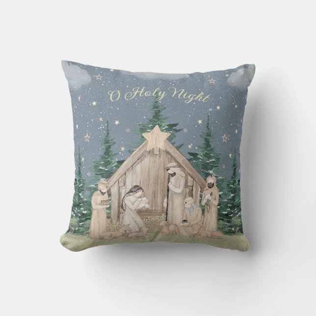 Watercolor Christmas Nativity Throw Pillow (Front)