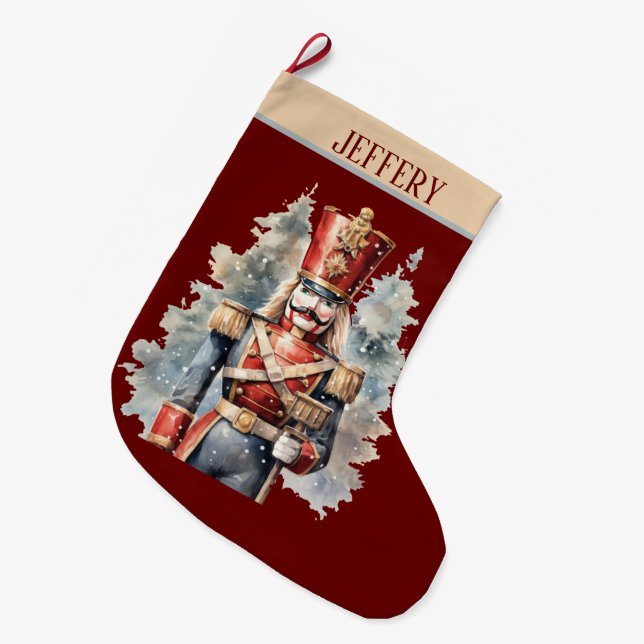 Watercolor Christmas nutcracker add name  Large Christmas Stocking (Front (Hanging))