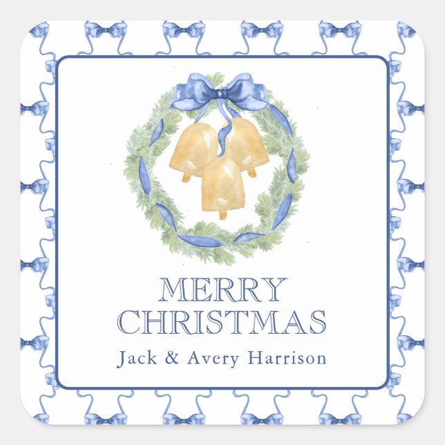 Watercolor Christmas or Wedding Bells Wreath Square Sticker (Front)