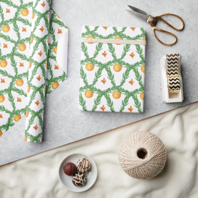 Watercolor Christmas Oranges Garland Wrapping Paper (Crafts)