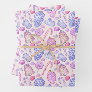 Watercolor Christmas Ornaments, Candy Cane Wrapping Paper Sheet