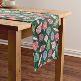 Watercolor Christmas Ornaments on Forest Green Short Table Runner