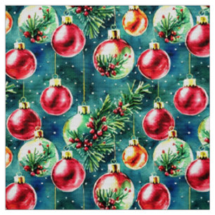 Watercolor Christmas Ornaments, Red and Teal Green Fabric