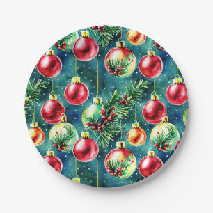 Watercolor Christmas Ornaments, Red and Teal Green Paper Plate