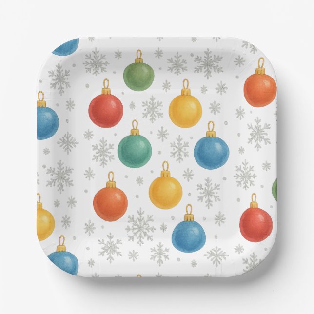Watercolor Christmas Ornaments & Snowflakes -  Paper Plate (Front)