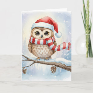 Watercolor Christmas Owl In a Santa Hat Card