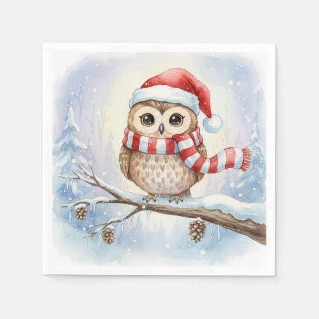 Watercolor Christmas Owl In a Santa Hat Napkin (Front)