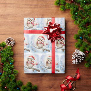 Watercolor Christmas Owl In a Santa Hat Wrapping Paper