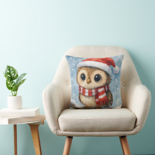 Watercolor Christmas Owl in Snowflakes Throw Pillow