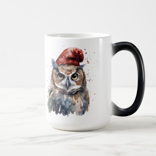 Watercolor Christmas Owl with Red Santa Hat Magic Mug (Right)