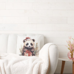 Watercolor Christmas Panda Bear Throw Pillow
