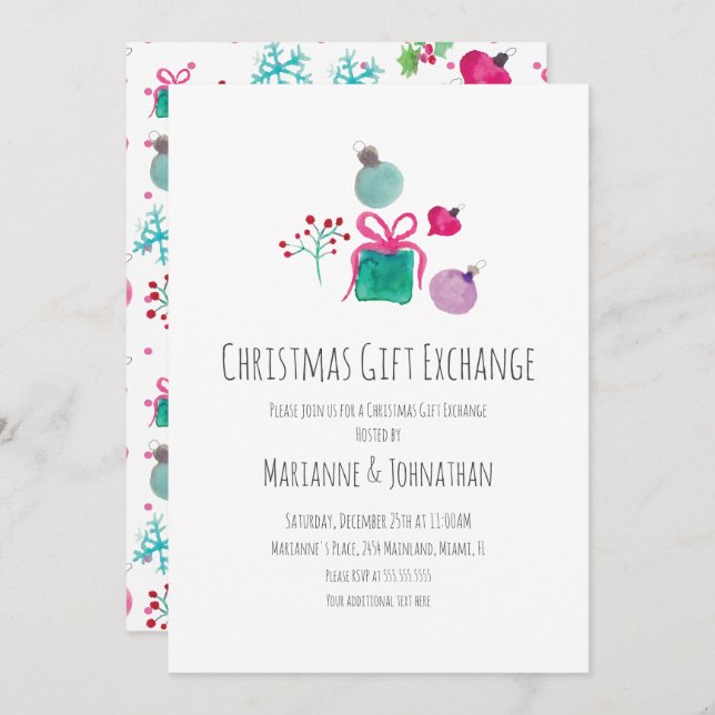 Watercolor Christmas Party Gift Exchange  Invitation (Front/Back)