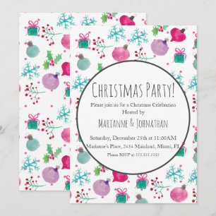 Watercolor Christmas Party Ornaments Holiday Invitation
