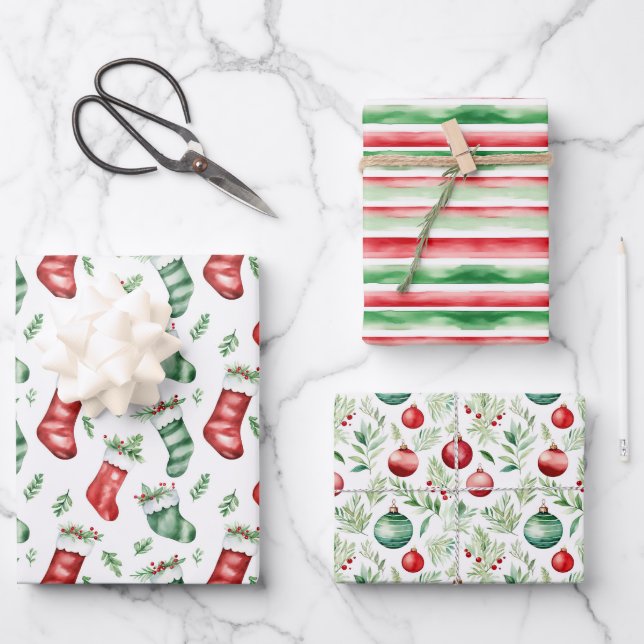 Watercolor Christmas Pattern  Wrapping Paper Sheet (Front)