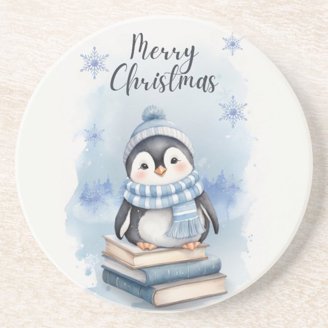 Watercolor Christmas Penguin Coaster (Front)