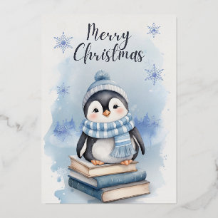 Watercolor Christmas Penguin Foil Holiday Card