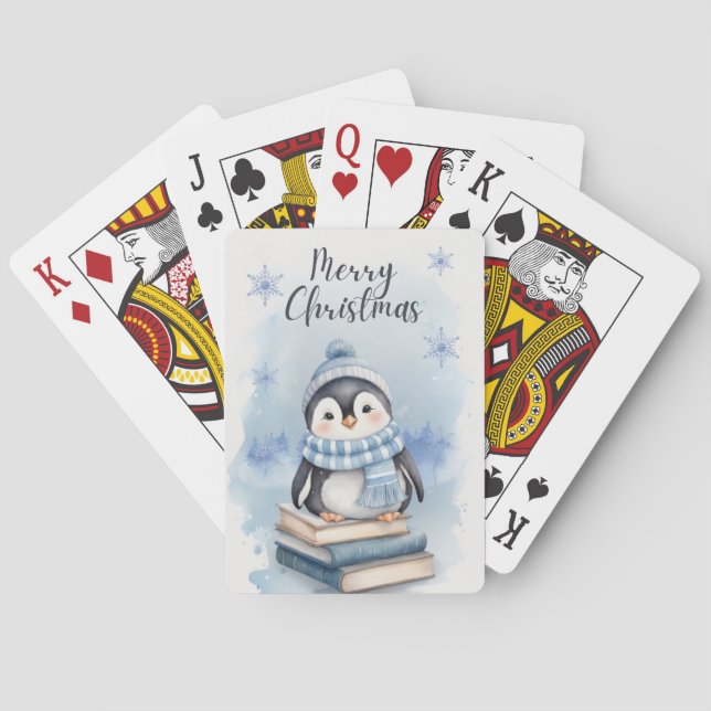 Watercolor Christmas Penguin Playing Cards (Back)