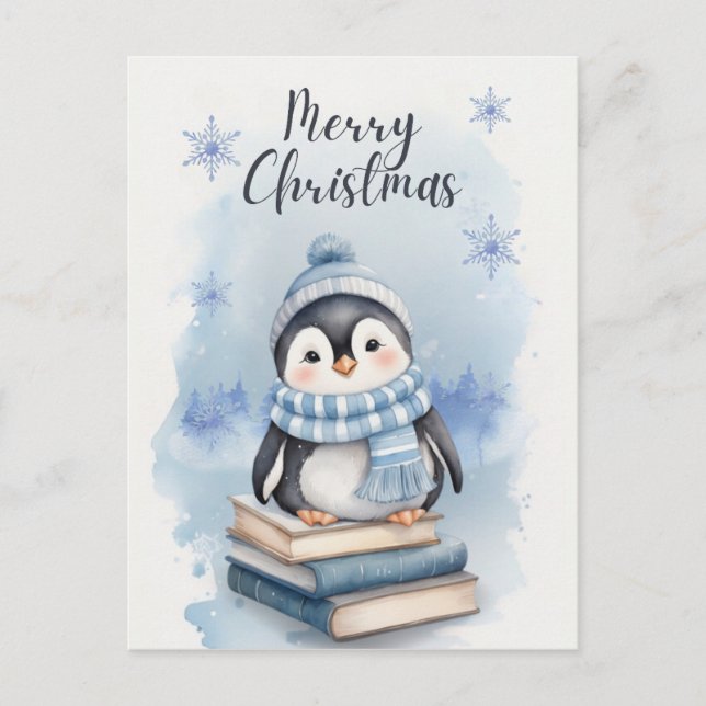 Watercolor Christmas Penguin Postcard (Front)