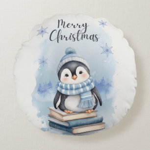 Watercolor Christmas Penguin Round Pillow