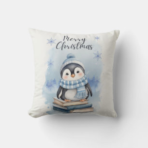 Watercolor Christmas Penguin Throw Pillow
