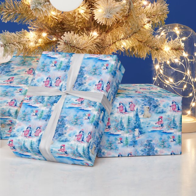 Watercolor Christmas Penguins & Polar Bears Wrapping Paper (Holidays)