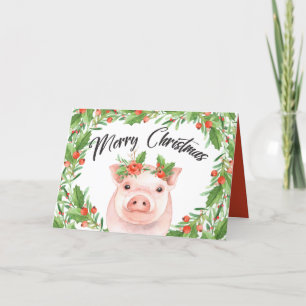 Watercolor Christmas Pig Holiday Card