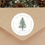 Watercolor Christmas Pine Tree Return Address  Classic Round Sticker<br><div class="desc">This rustic elegant Christmas round return address label features a watercolor pine tree decorated with gold stars.</div>