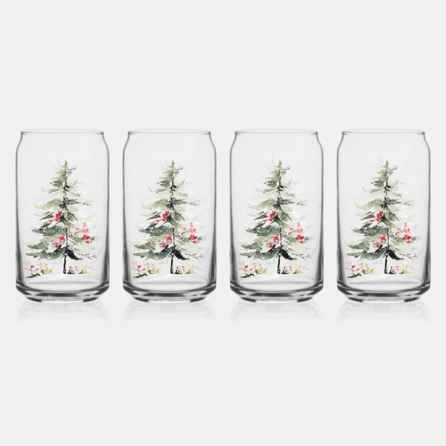 Watercolor Christmas Pine Trees Can Glass (Front)