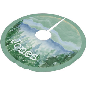 Watercolor Christmas Pines Monogram Name Brushed Polyester Tree Skirt