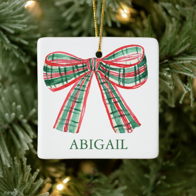 Watercolor Christmas Plaid Bow Ceramic Ornament (Tree)