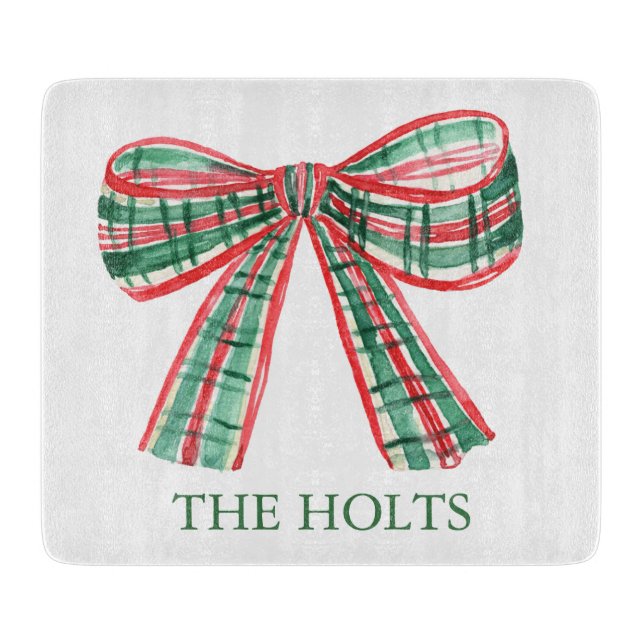 Watercolor Christmas Plaid Bow Cutting Board (Front)