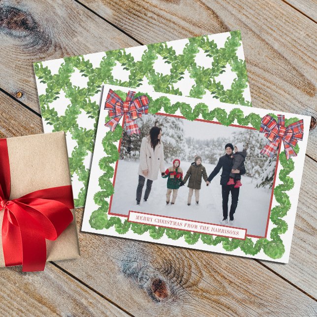 Watercolor Christmas Plaid Bow Garland Photo Holiday Card (Creator Uploaded)