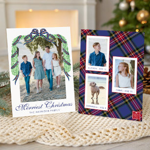 Watercolor Christmas Plaid Bow Garland Swag Photo Holiday Card