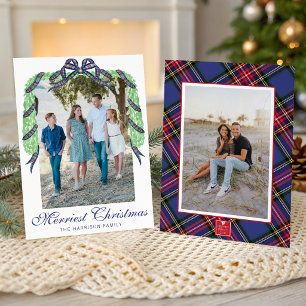Watercolor Christmas Plaid Bow Garland Swag Photo Holiday Card
