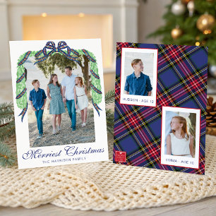 Watercolor Christmas Plaid Bow Garland Swag Photo Holiday Card