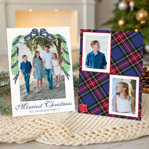 Watercolor Christmas Plaid Bow Garland Swag Photo Holiday Card